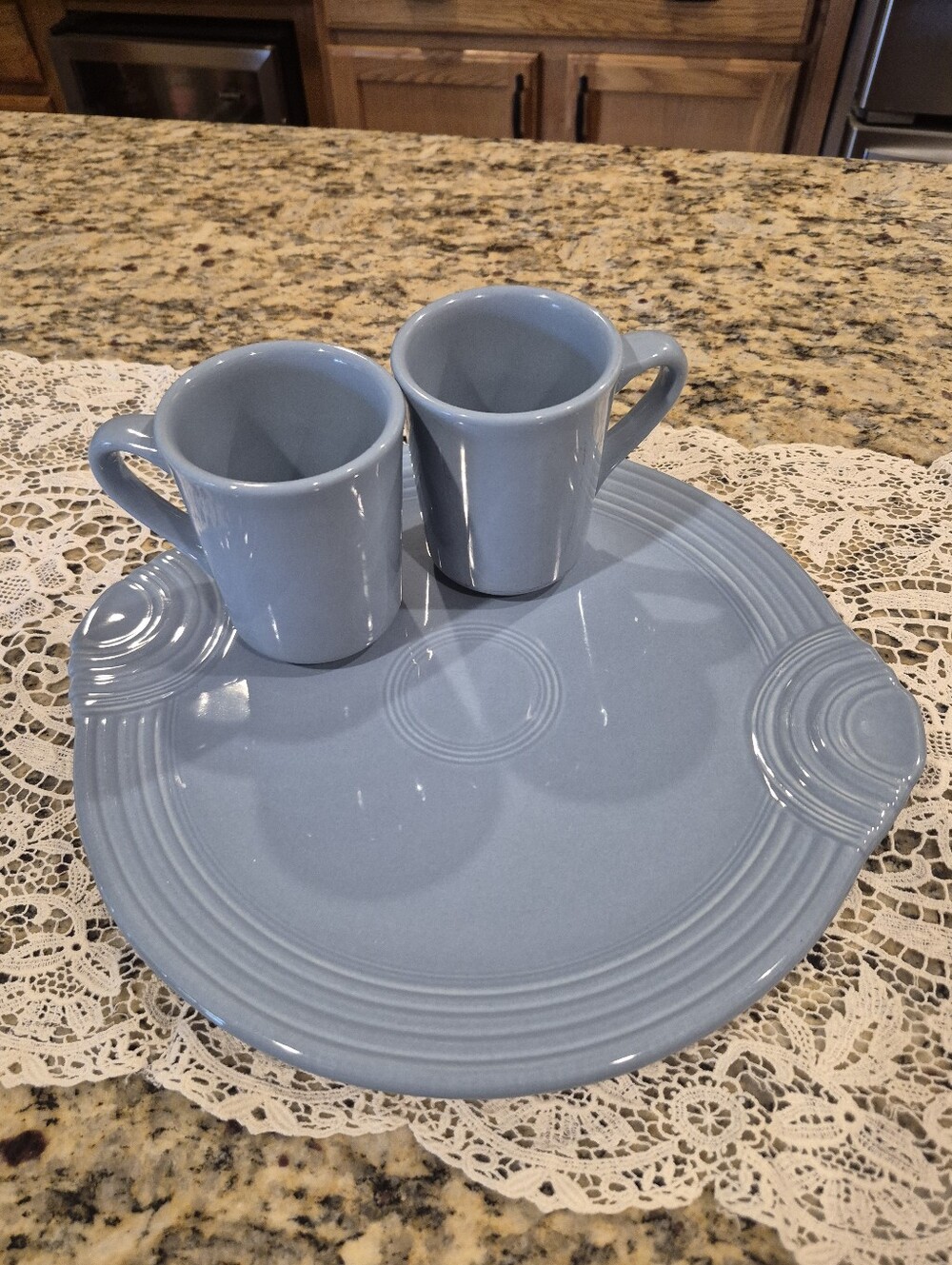 Vintage Fiestaware Light Blue Ceramic Serving Plate with Two Mugs